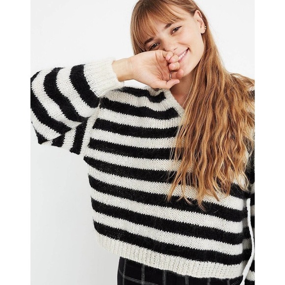 Madewell Striped Alpaca Wool Balloon Sleeve Pullover Sweater Women's B&W Size L - Picture 2 of 6